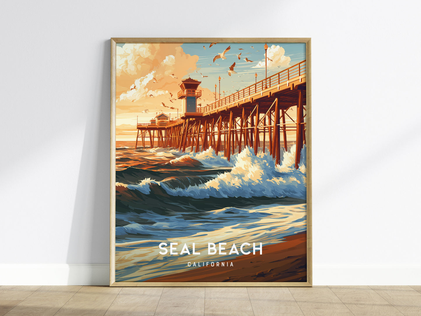 Seal Beach, California Poster | Sun-Kissed Pier & Coastal Charm Wall Art — framed wall art