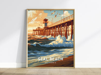 Seal Beach, California Poster | Sun-Kissed Pier & Coastal Charm Wall Art — framed wall art