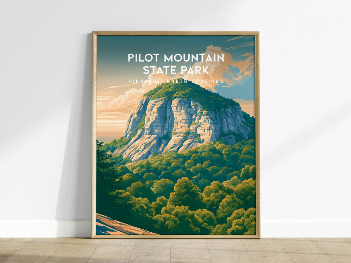 Pilot Mountain State Park, Pinnacle, North Carolina Poster | Rugged Peak & Forest Travel Wall Art — framed wall art