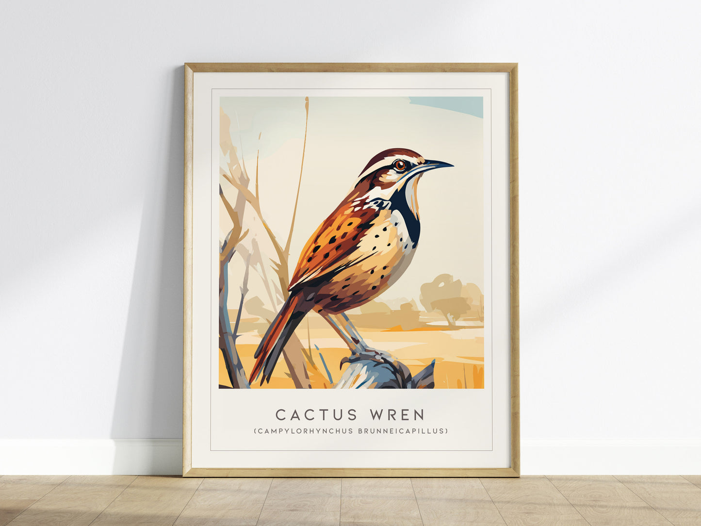 Cactus Wren Poster | Desert Songbird & Blooming Cactus Wall Art — framed wall art