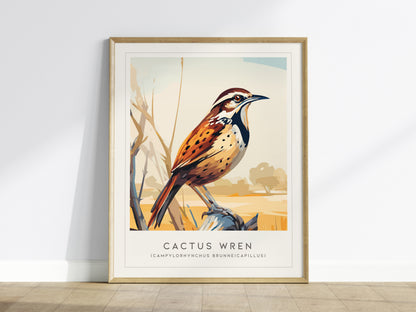 Cactus Wren Poster | Desert Songbird & Blooming Cactus Wall Art — framed wall art