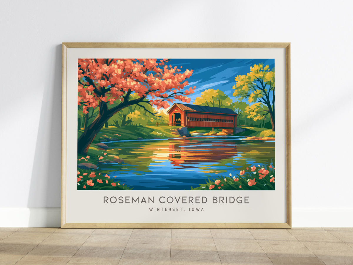 Roseman Covered Bridge Landscape Matte Border Poster | Winterset, Iowa Vacation Wall Art — framed wall art