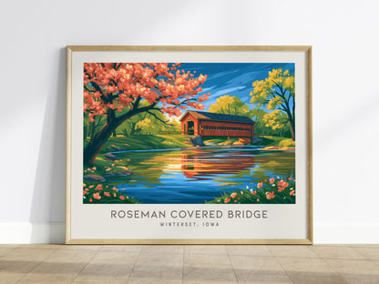 Roseman Covered Bridge Landscape Matte Border Poster | Winterset, Iowa Vacation Wall Art — framed wall art