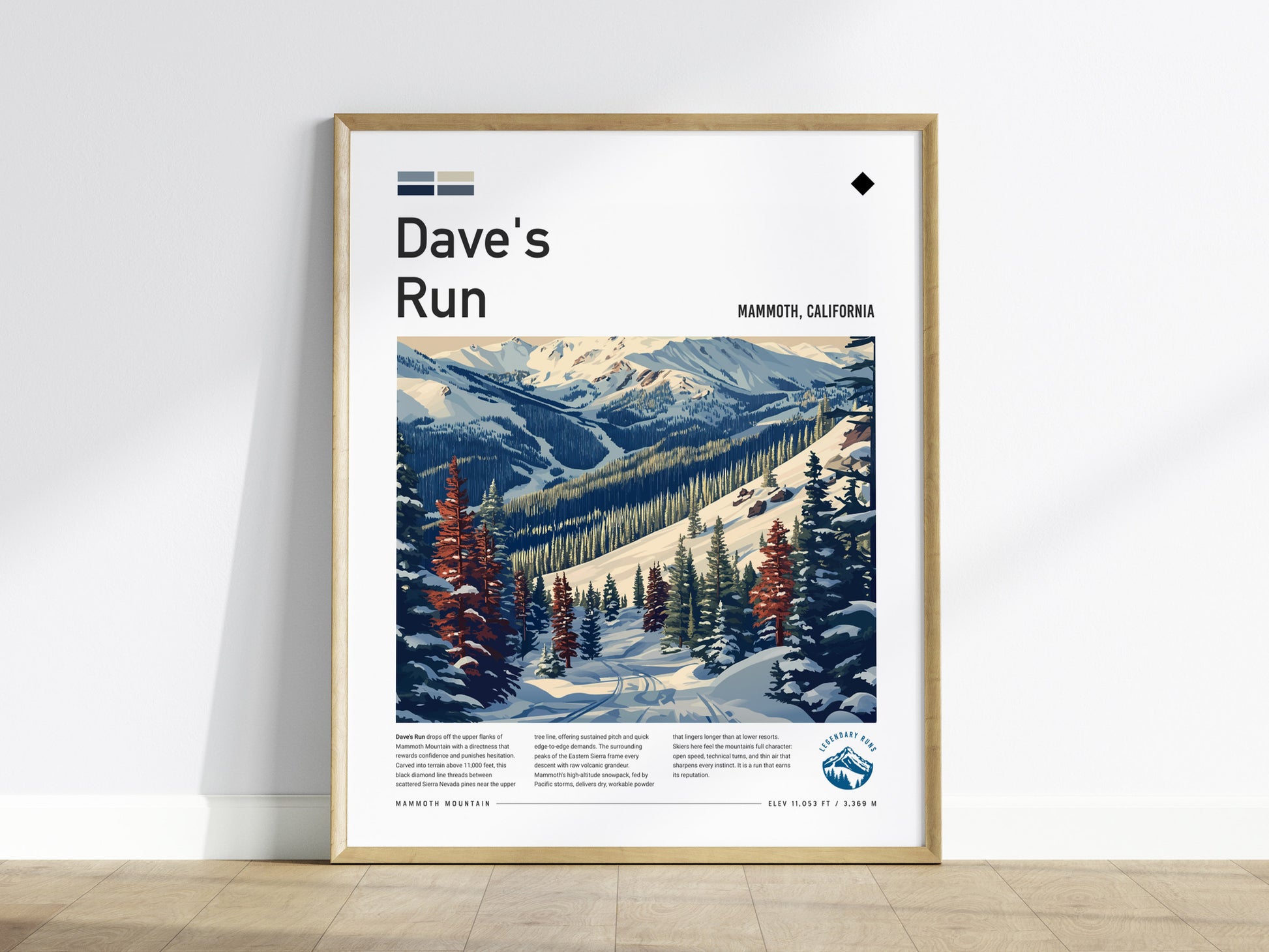 Dave's Run, Mammoth, California Poster | Ski Lodge Decor Mountain Wall Art — framed wall art
