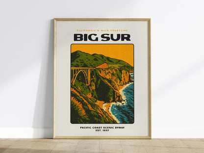 Big Sur Vintage Poster – California Coast Wall Art, Bixby Bridge Print, Retro Travel Poster, Coastal Home Decor, Framed or Unframed - Swell Scenes
