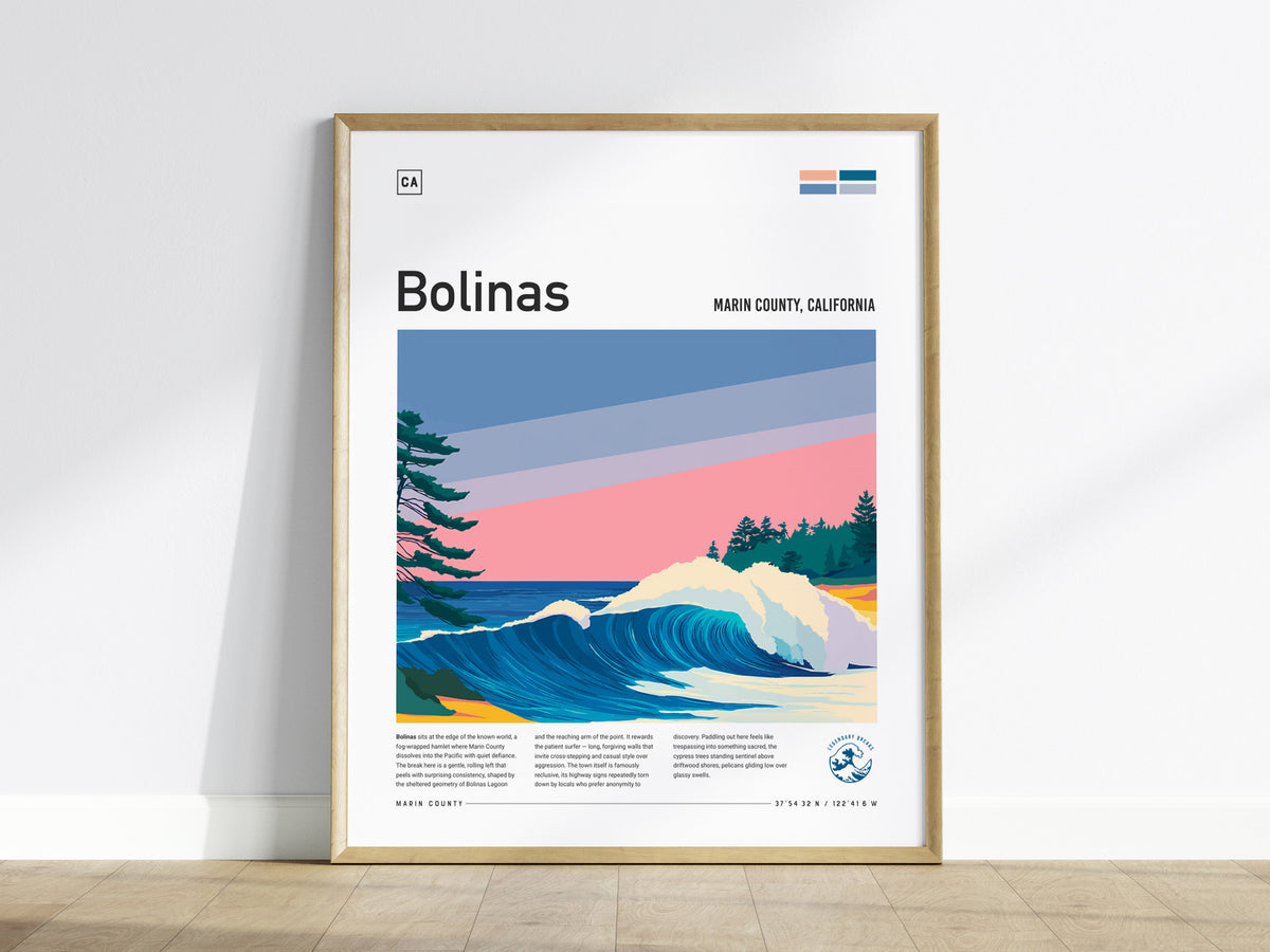 Bolinas, Marin County, California Poster | Misty Cliffs & Surf Wall Art — framed wall art