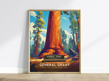 A framed poster depicting a giant sequoia tree in vibrant colors, with a clear blue sky and surrounding forest, titled General Grant Kings Canyon National Park.