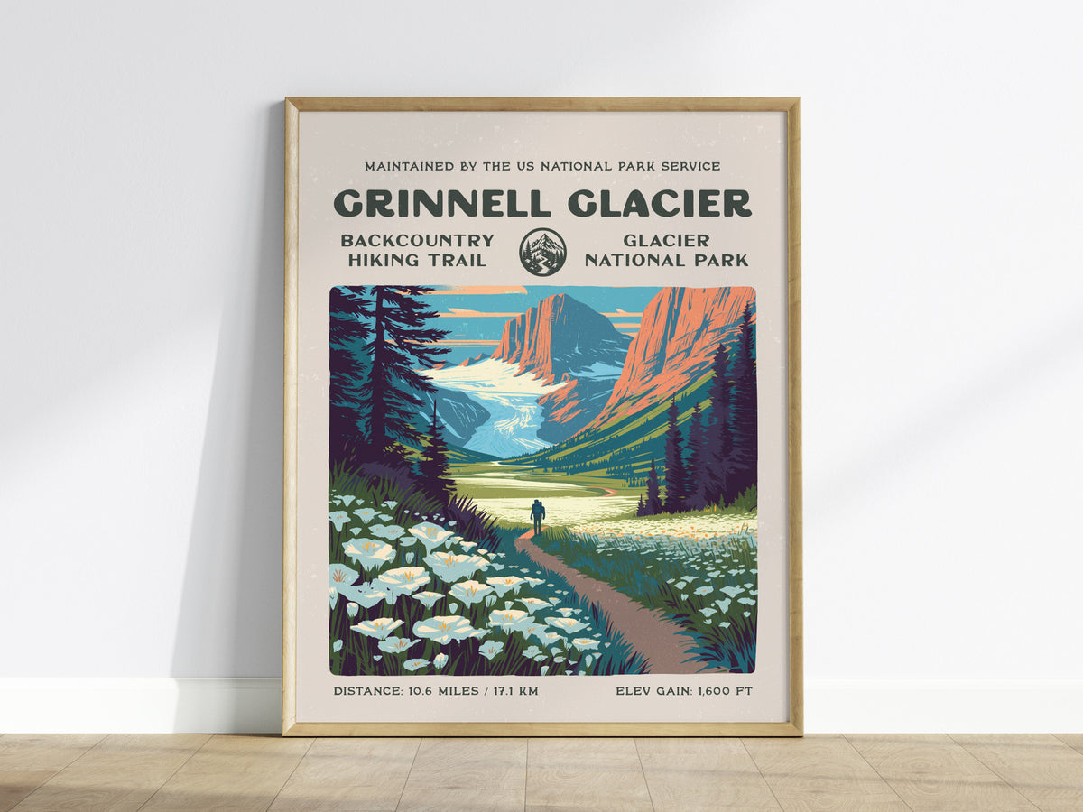 Grinnell Glacier, Glacier National Park Poster | Hiker Gift | Backcountry Trail Wall Art — framed wall art