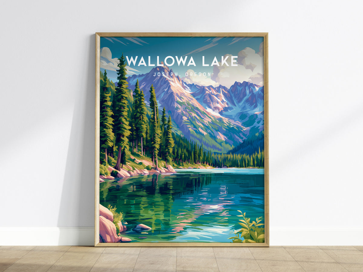 Wallowa Lake, Joseph, Oregon Poster | Mountain Lodge Destination Print Wall Art — framed wall art