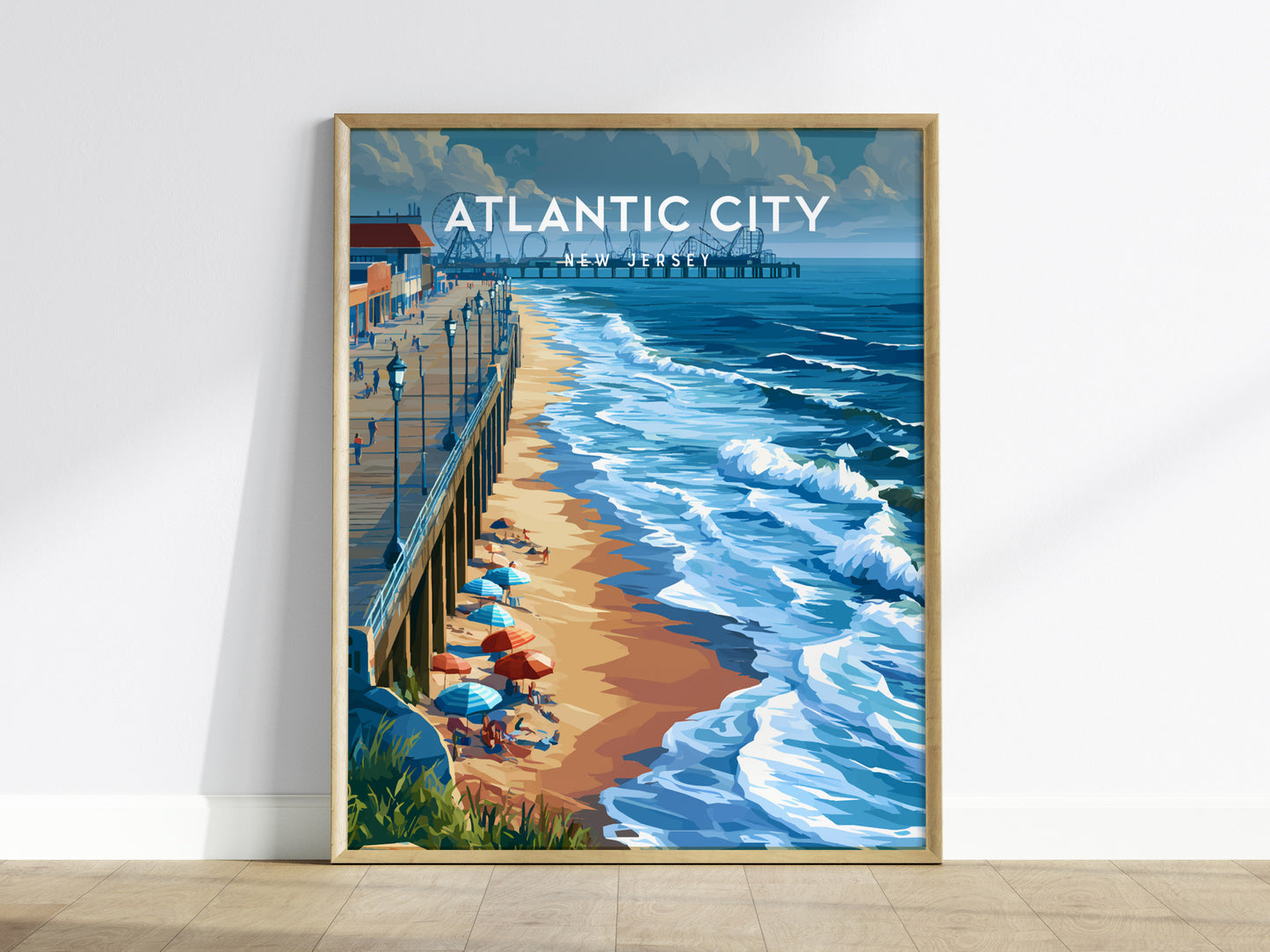 Atlantic City, New Jersey Poster | Boardwalk & Steel Pier Coastal Wall Art — framed wall art