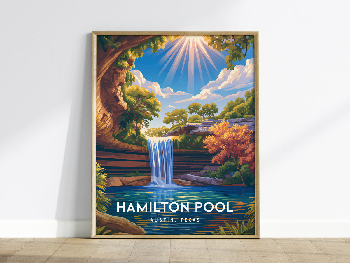 Hamilton Pool, Austin, Texas Poster | Natural Grotto & Waterfall Travel Wall Art — framed wall art