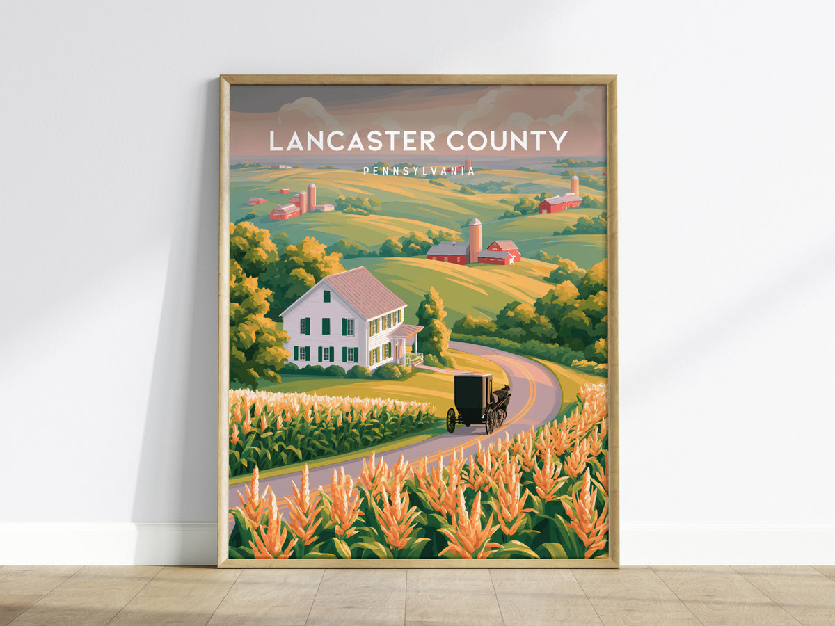 Lancaster County, Pennsylvania Poster | Rolling Farmland & Covered Bridge Wall Art — framed wall art
