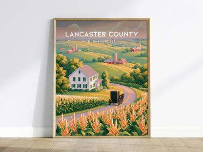 Lancaster County, Pennsylvania Poster | Rolling Farmland & Covered Bridge Wall Art — framed wall art