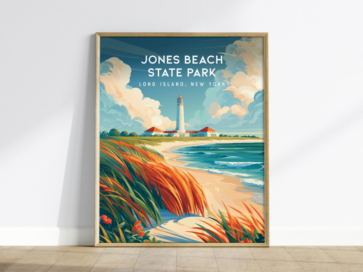 Jones Beach State Park, Long Island, New York Poster | Sun-Drenched Shoreline Destination Print Wall Art — framed wall art