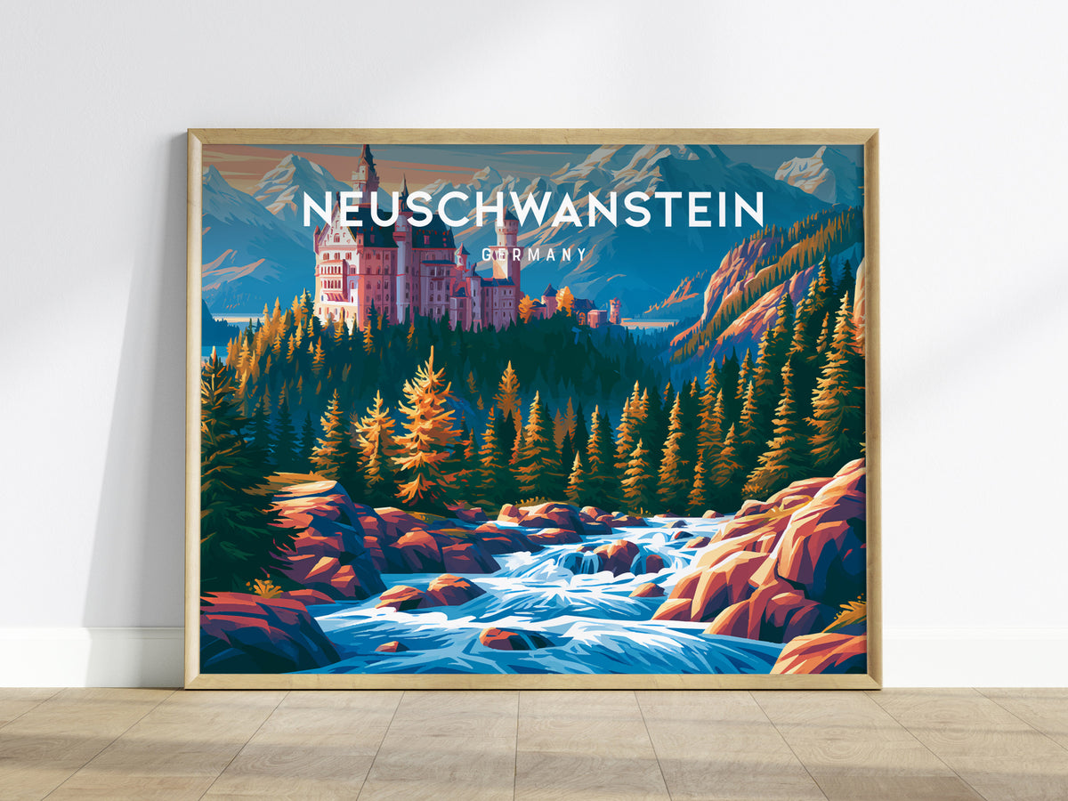 Neuschwanstein, Germany Landscape Poster | Alpine Castle Vacation Wall Art — framed wall art