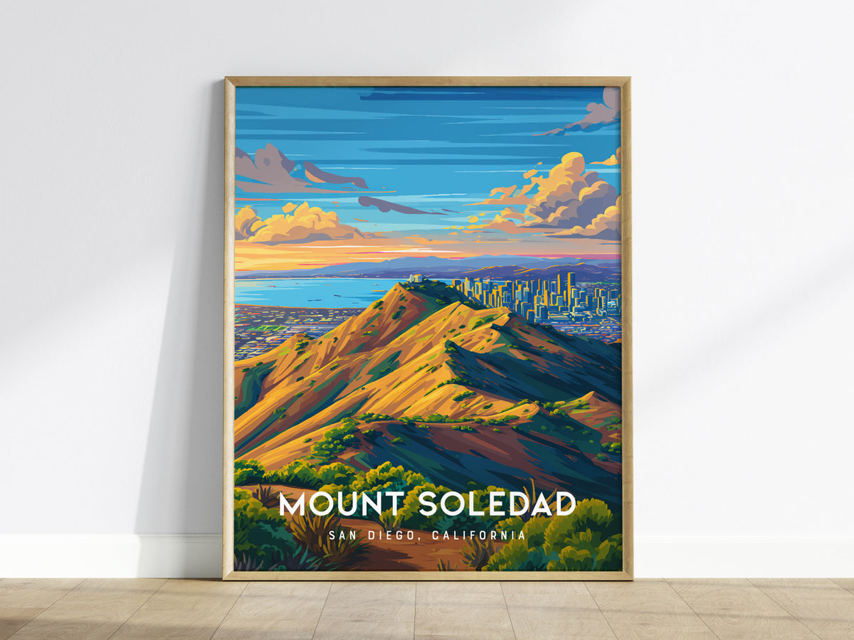 Mount Soledad, California Poster | Cross & Coastline Panoramic View Wall Art — framed wall art