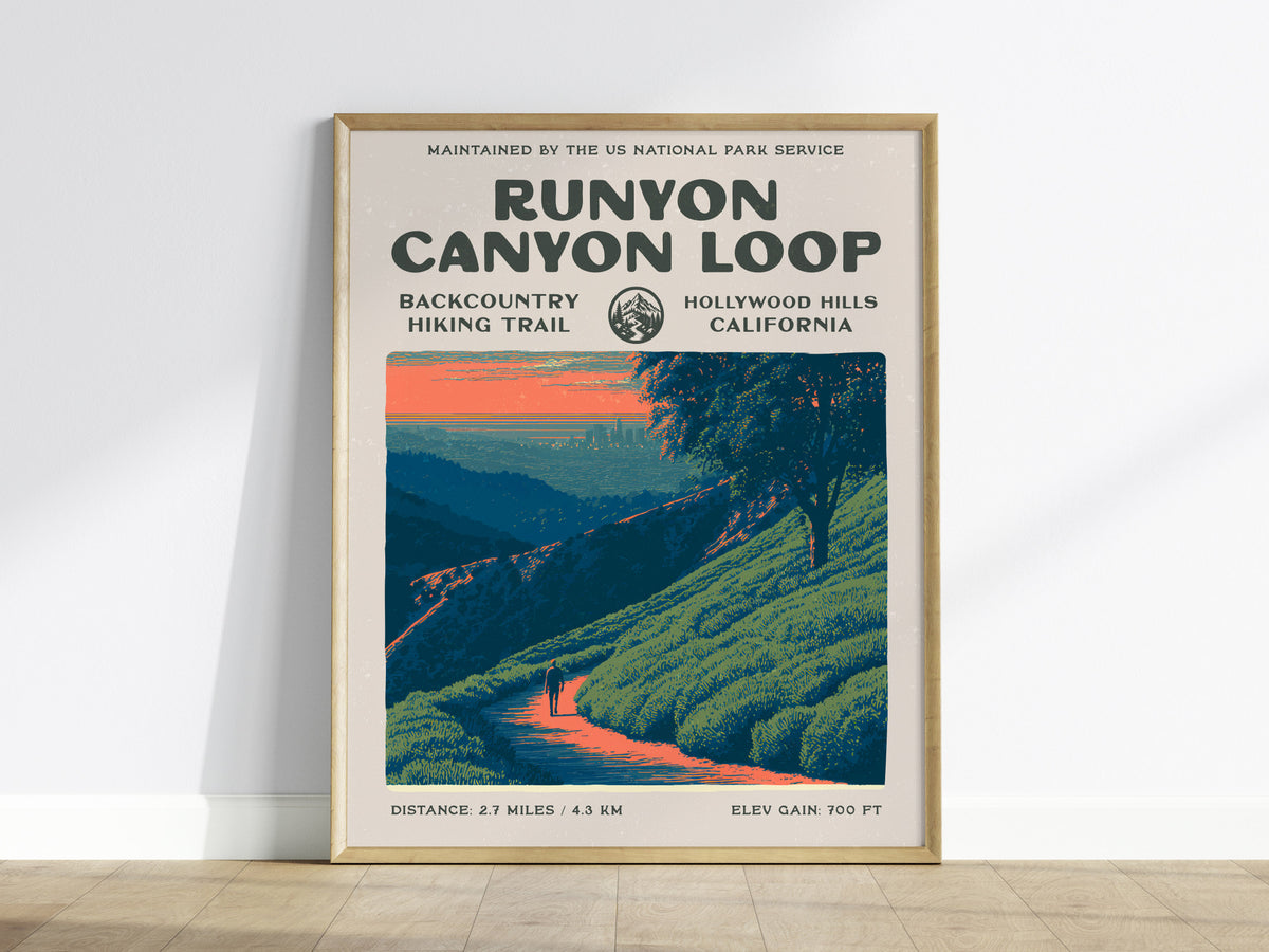 Runyon Canyon Loop, Hollywood Hills, California Poster | Hiker Gift | Bold Backcountry Block Print Wall Art — framed wall art