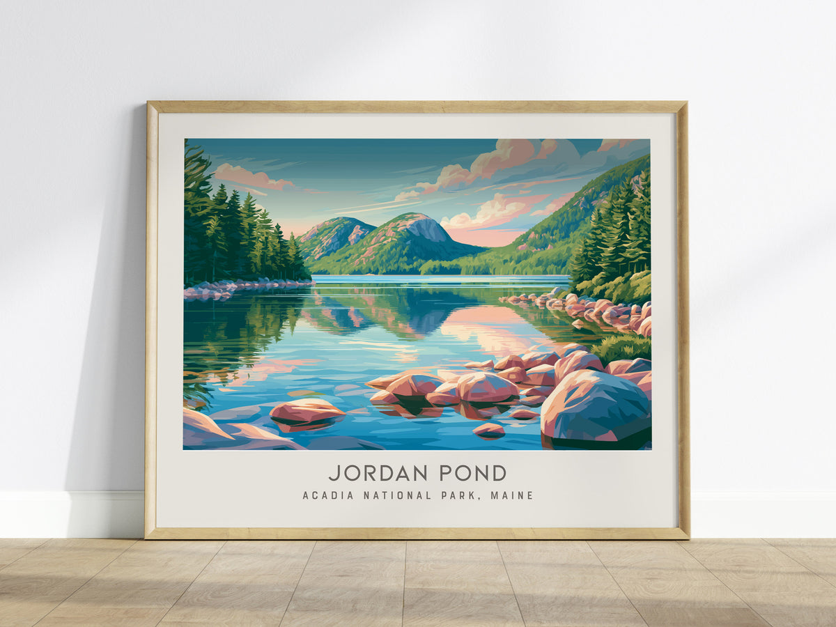 Jordan Pond Landscape Matte Border Poster | Acadia National Park, Maine Travel Wall Art — framed wall art