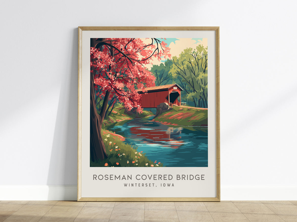 Roseman Covered Bridge Matte Border Poster | Winterset, Iowa Destination Print Travel Wall Art — framed wall art