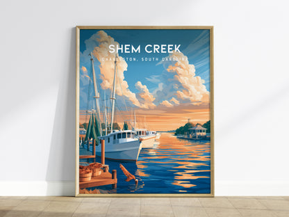 Shem Creek, Charleston, South Carolina Poster | Shrimp Boats & Marsh Sunset Wall Art — framed wall art