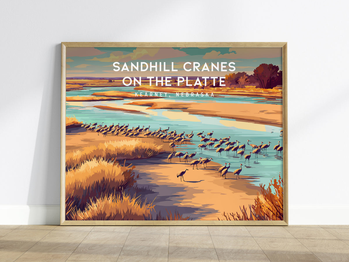 Sandhill Cranes on the Platte Landscape Poster | Kearney, Nebraska Vacation Wall Art — framed wall art
