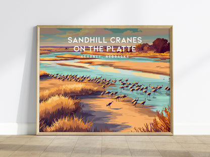 Sandhill Cranes on the Platte Landscape Poster | Kearney, Nebraska Vacation Wall Art — framed wall art
