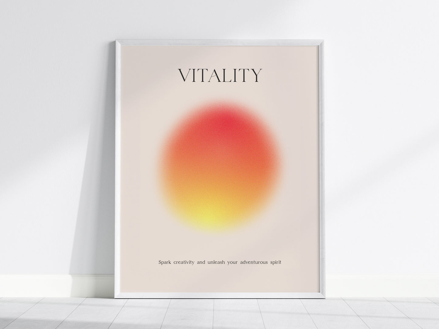 Poster with a colorful abstract design and the word 'Vitality' on a light background