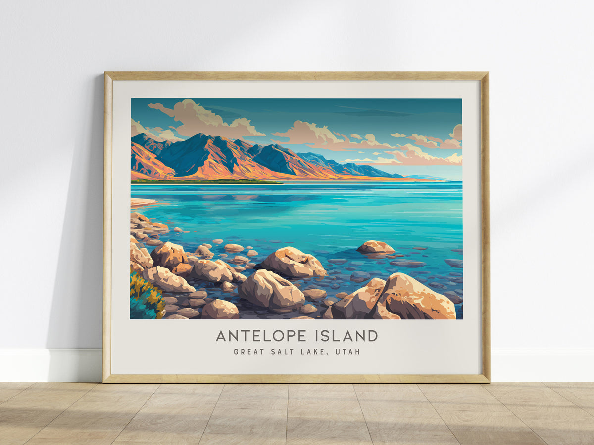 Antelope Island Landscape Matte Border Poster | Great Salt Lake, Utah Destination Print — framed wall art