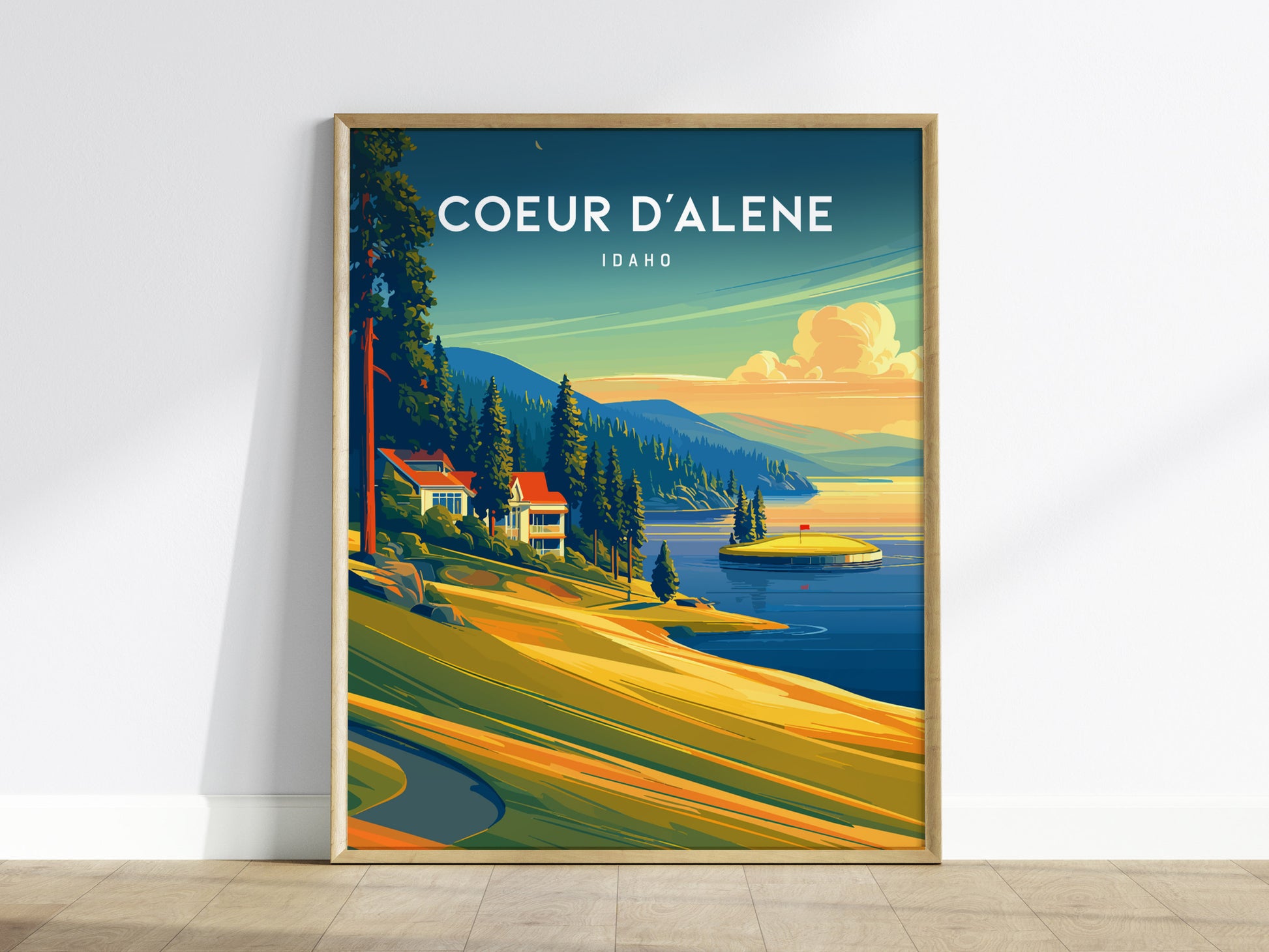 Coeur d'Alene Resort, Idaho Poster | Lakeside Golf Course Scenic Wall Art — framed wall art