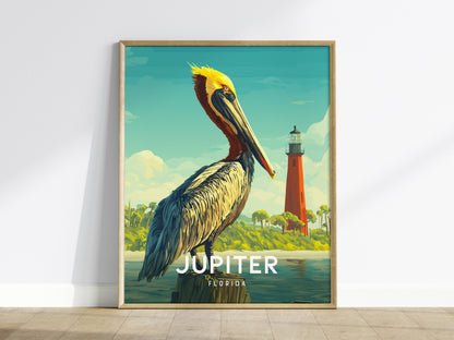 Framed Jupiter Florida wall art in a natural wood frame leaning against a white wall on a wooden floor