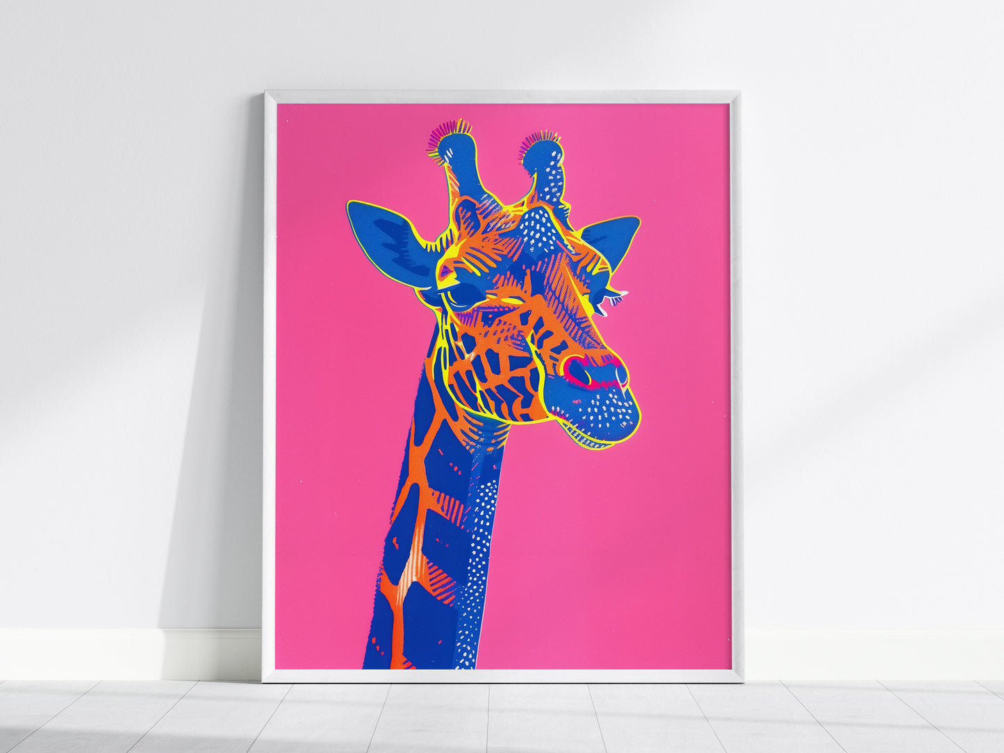 Neon Giraffe Pop Art Poster – Bold Safari Animal Wall Decor, Retro 80s Aesthetic, Vibrant Wildlife Print, Available Framed/Unframed