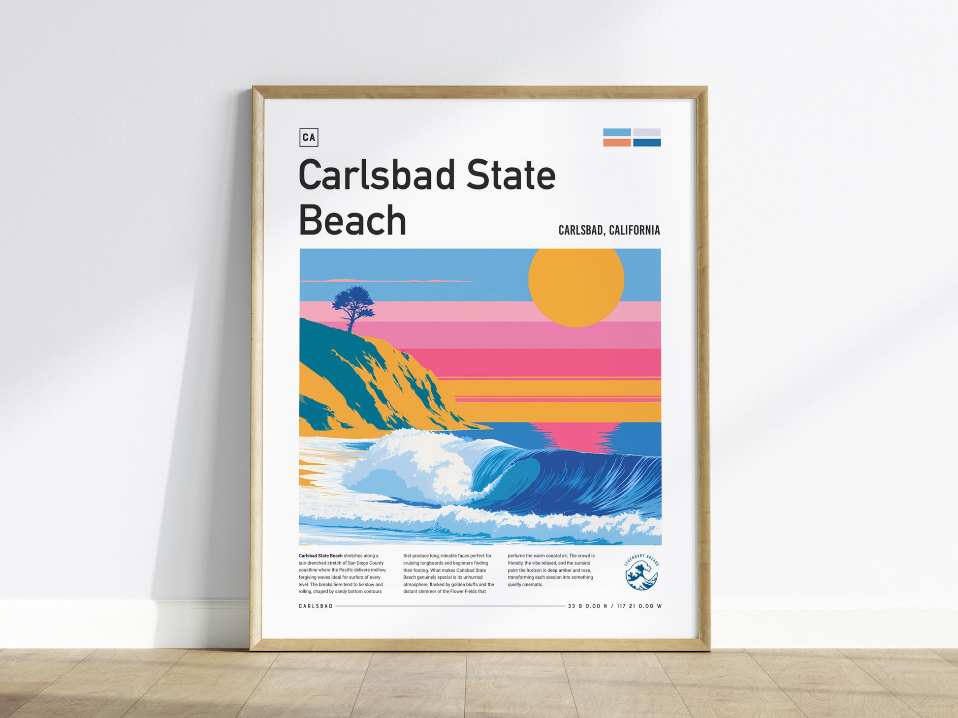 Carlsbad State Beach, California Poster | Golden Cliffs & Surf Coastline Wall Art — framed wall art
