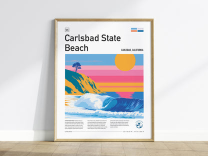 Carlsbad State Beach, California Poster | Golden Cliffs & Surf Coastline Wall Art — framed wall art