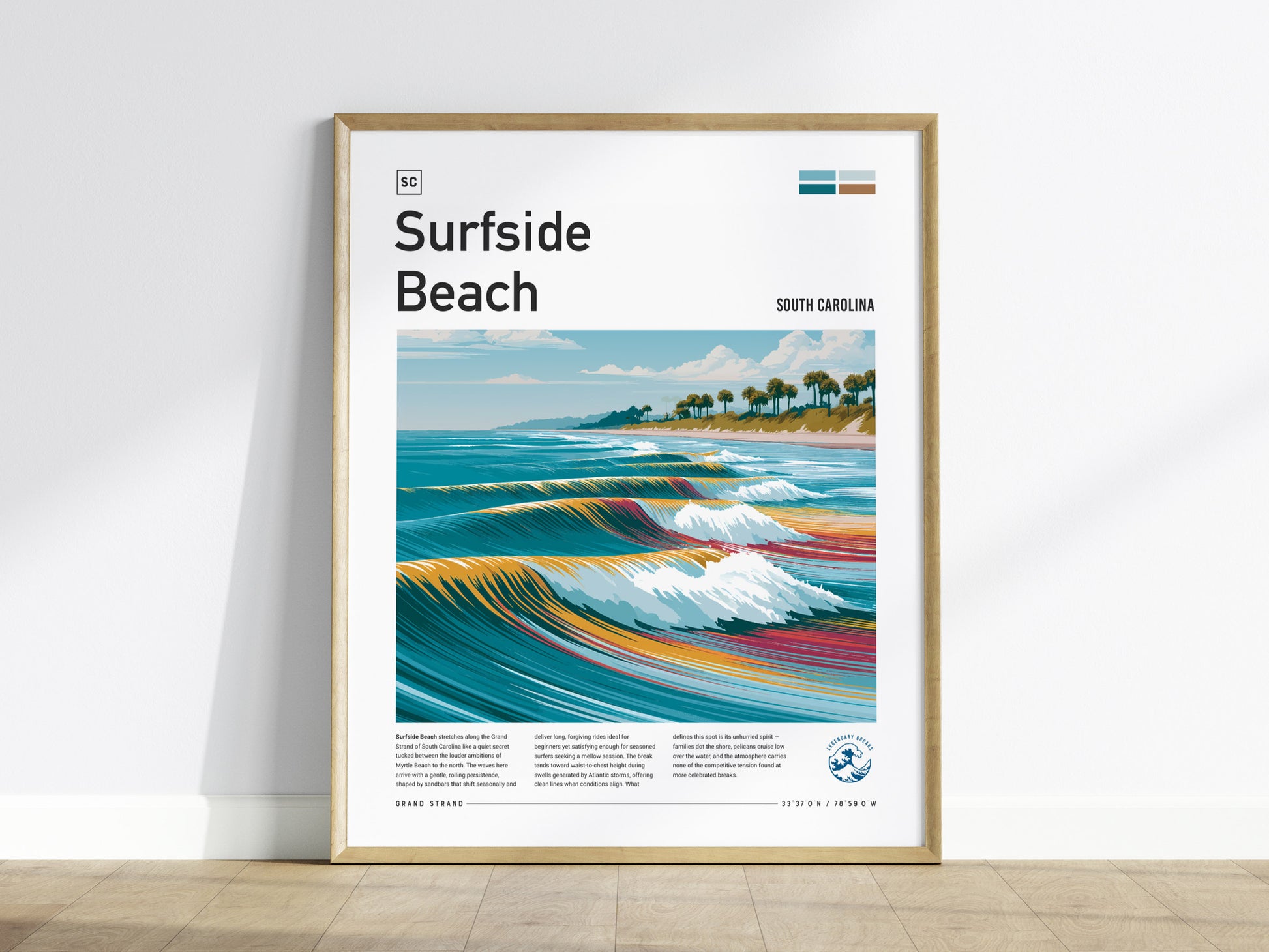 Surfside Beach, South Carolina Poster | Coastal Surf Town Wave Print Wall Art — framed wall art