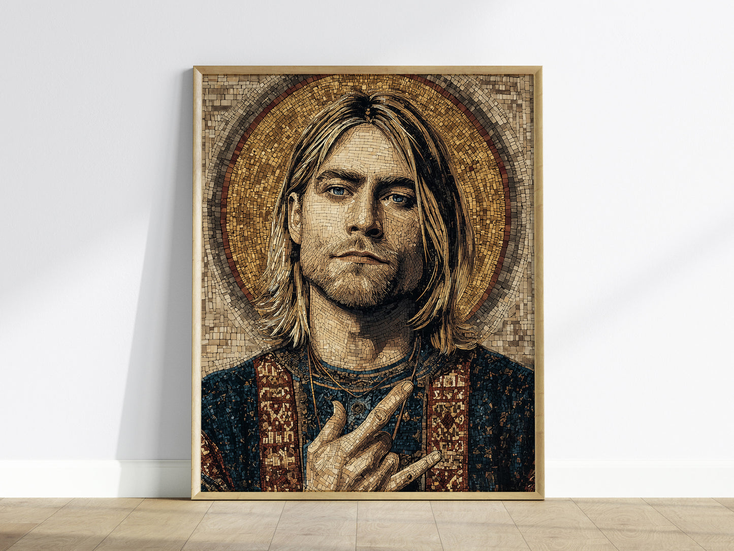 Byzantine-style mosaic portrait of Kurt Cobain in earthy tones, featuring intricate patterns and a halo-like background, ideal for music decor.
