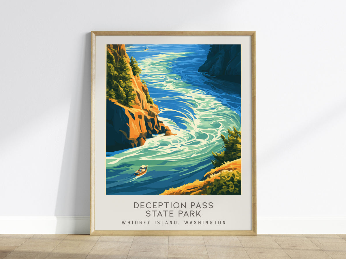 Deception Pass State Park Matte Border Poster | Whidbey Island, Washington Coastal Beach Decor — framed wall art