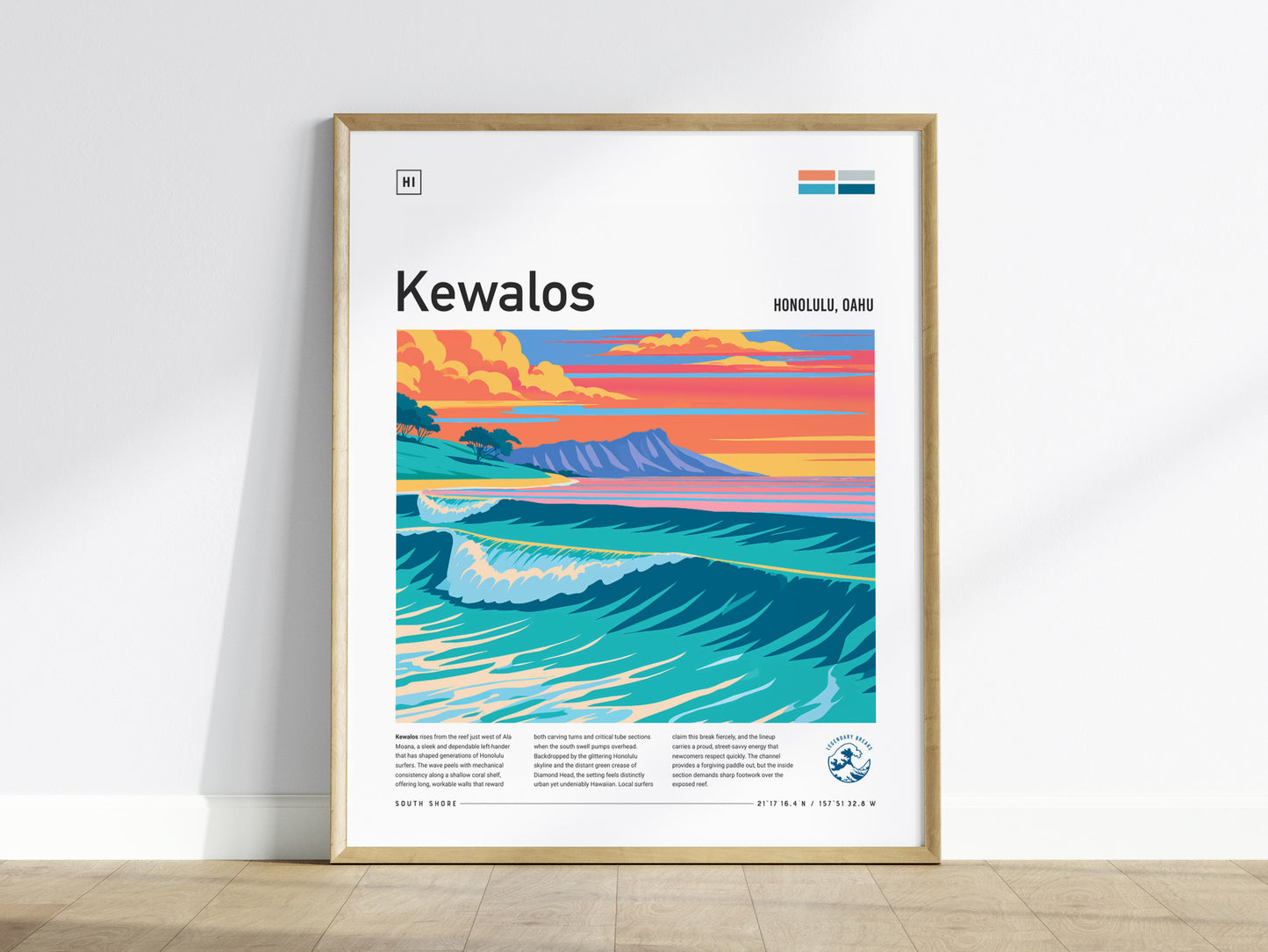 Kewalos, Hawaii Poster | Golden Surf & Diamond Head Wall Art — framed wall art