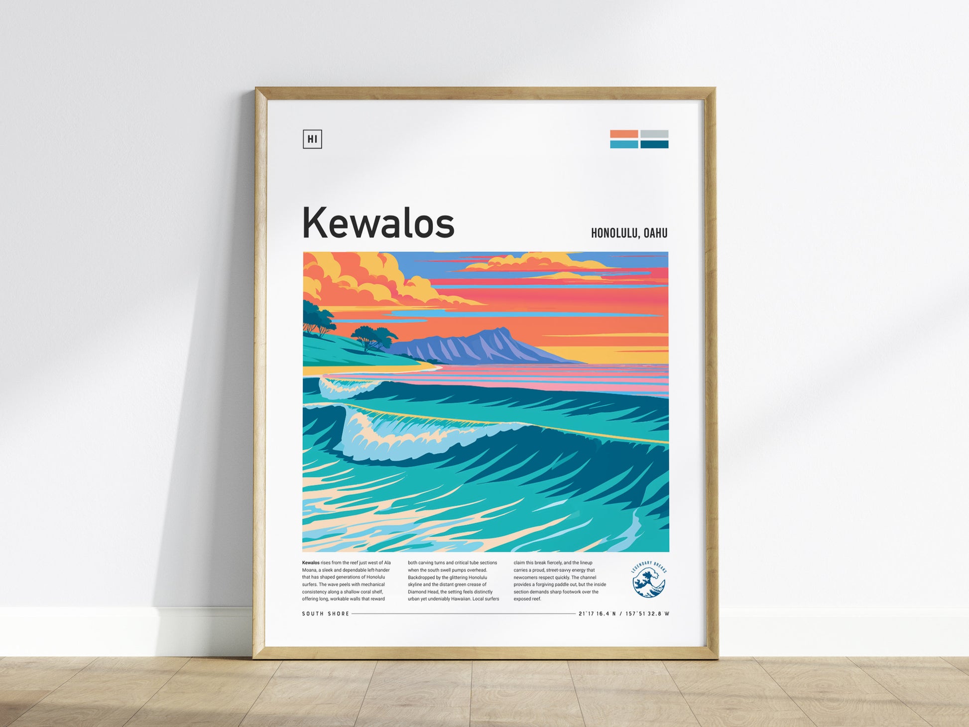Kewalos, Hawaii Poster | Golden Surf & Diamond Head Wall Art — framed wall art