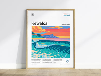 Kewalos, Hawaii Poster | Golden Surf & Diamond Head Wall Art — framed wall art