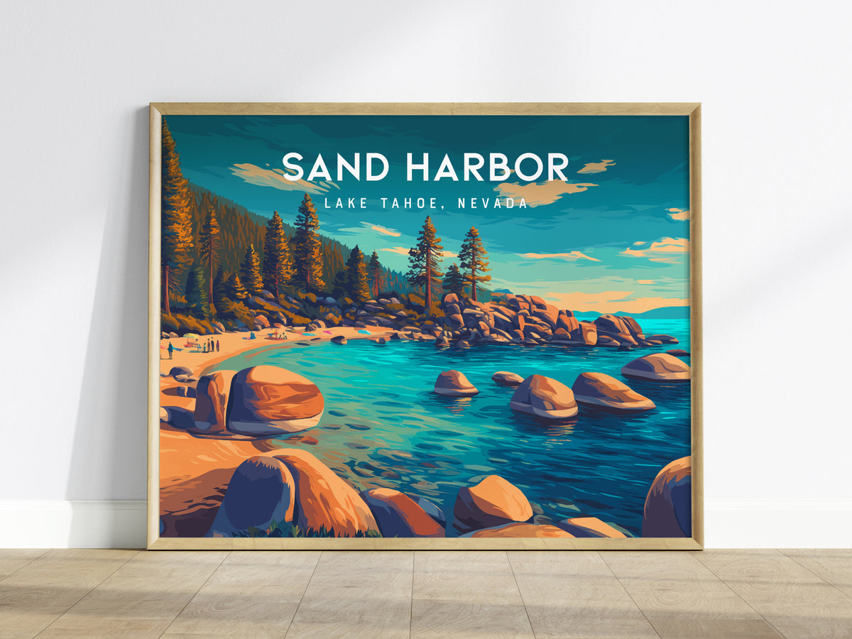 Sand Harbor Landscape Poster | Lake Tahoe, Nevada Travel Gift Destination Print — framed wall art