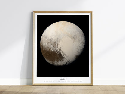 Framed poster of Pluto with a black background on a wooden floor.