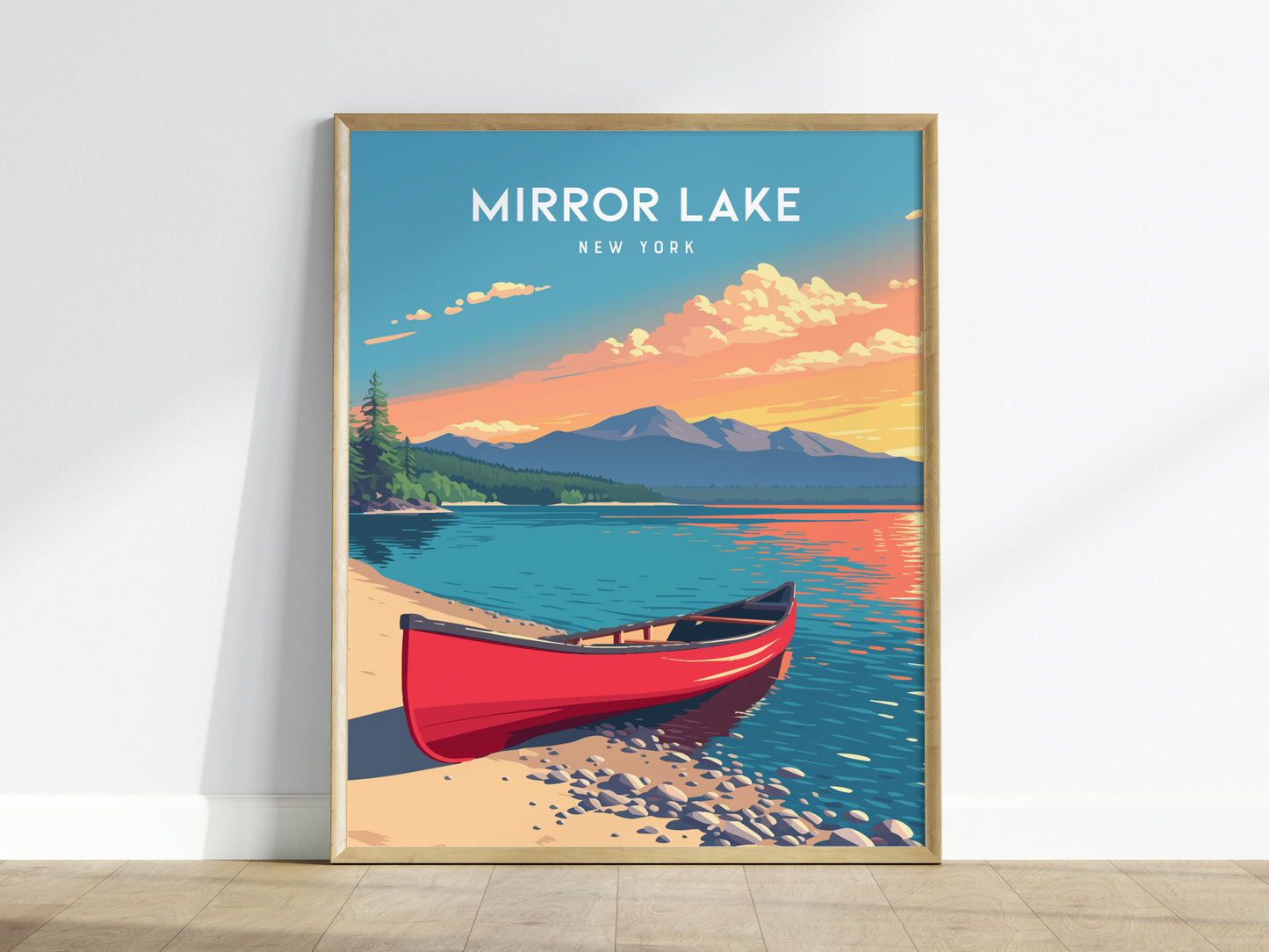 A vibrant poster of Mirror Lake, New York, features a red canoe resting on a sandy shore with calm blue waters reflecting the colorful sunset and surrounding mountains. Lush green trees frame the scene, enhancing the serene atmosphere.