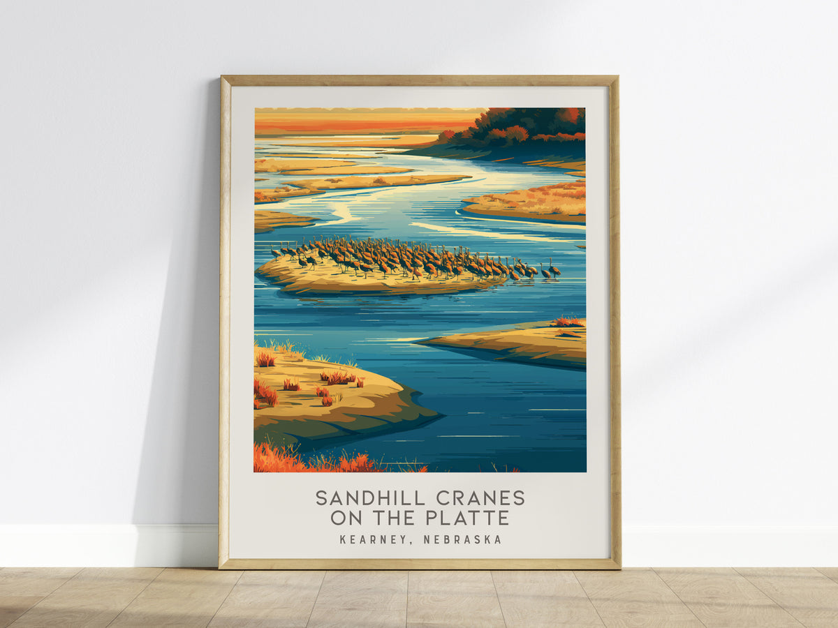 Sandhill Cranes on the Platte Matte Border Poster | Kearney, Nebraska Destination Print — framed wall art