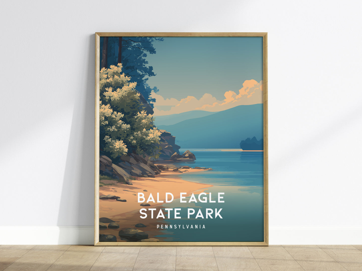 Bald Eagle State Park, Pennsylvania Poster | Eagle Soaring Over Mountain Lake Wall Art — framed wall art