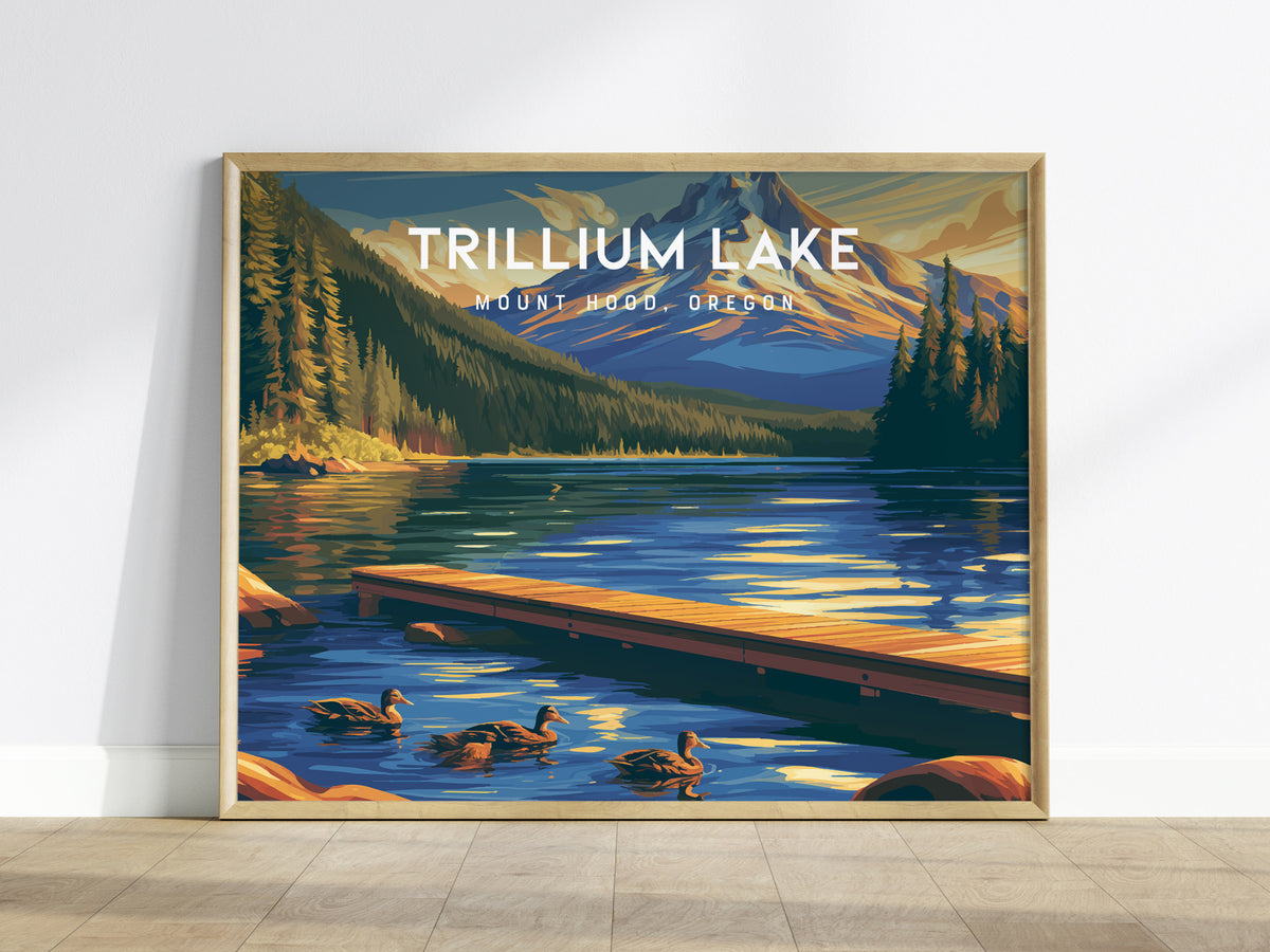 Trillium Lake Landscape Poster | Mount Hood, Oregon Framed or Unframed Vacation Wall Art — framed wall art