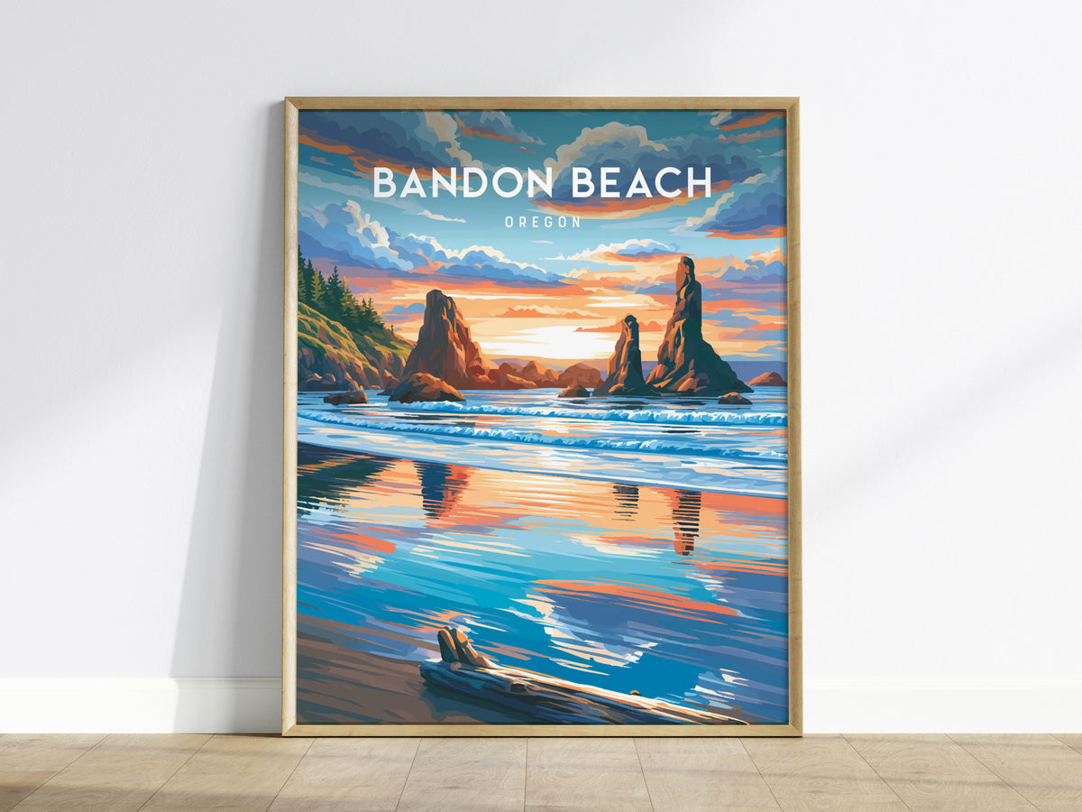 Bandon Beach, Oregon Poster | Sea Stacks & Sunset Travel Wall Art — framed wall art