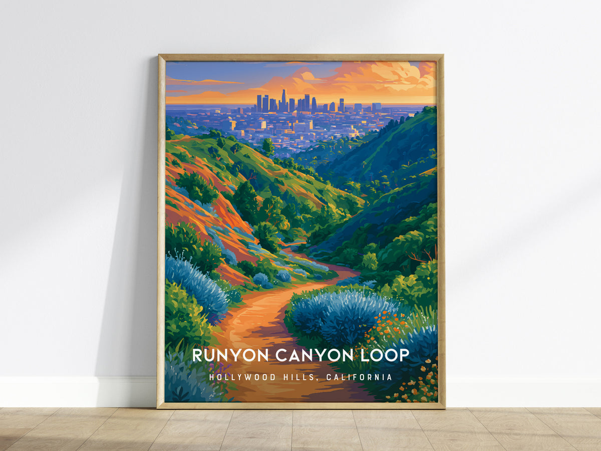 Runyon Canyon Loop, Hollywood Hills, California Poster | Hiking Trail & City Skyline Wall Art — framed wall art