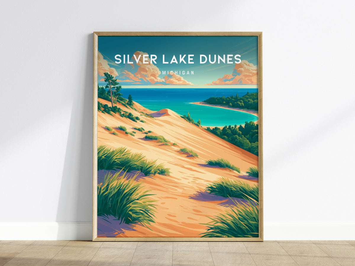 Silver Lake Dunes, Michigan Poster | Sand Dunes & Lakeshore Destination Print Wall Art — framed wall art