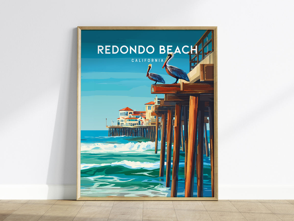 Redondo Beach, California Poster | Sun-Kissed Pier & Sailboat Wall Art — framed wall art