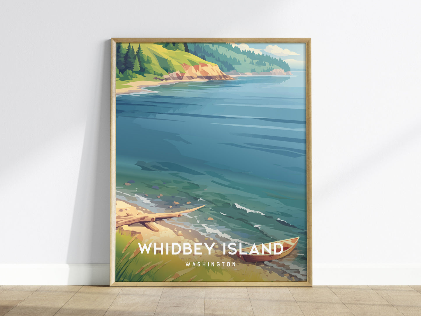 Whidbey Island, Washington Poster | Evergreen Shores & Sailboat Wall Art — framed wall art